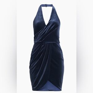Black Halo Elaria Stretch Velvet Halterneck Minidress in Slate/Midnight Blue NWT